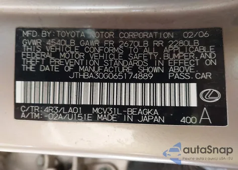 2006 Lexus Es 330 z USA, uszkodzony, nr VIN JTHBA30G065174889